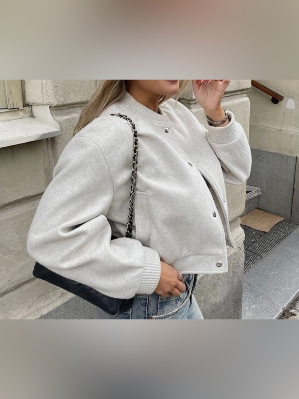 Zara Cropped Bomber Jacket in Light Gray